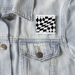Wellige schwarze und weiße Schachbrett-Flagge Renn Button