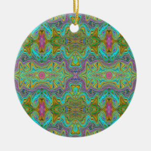 Welliges Aquablau und oranges Trippy-Muster Keramik Ornament