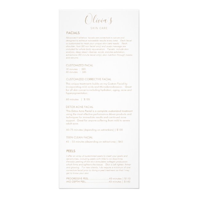 Wellness-Center Skincare White Service Price Menü (Vorne)