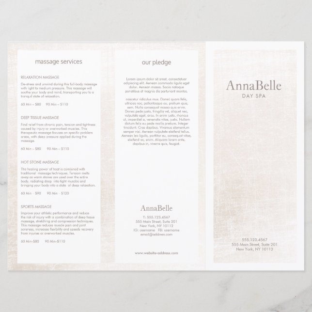 Wellness-Center TriFold Broschüre aus weißem Marmo (Vorderseite)