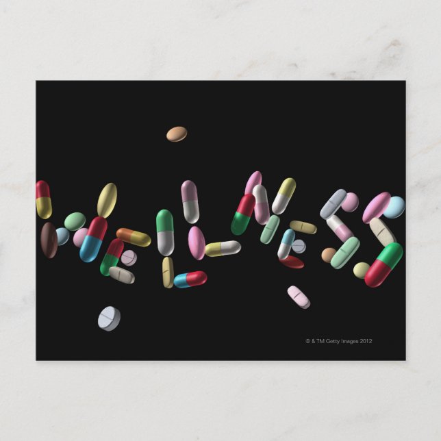 "WELLNESS", mit Pillen geschrieben Postkarte (Vorderseite)