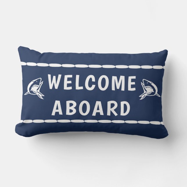 Welocme an Bord weißer Hai auf blau Kissen Für Draußen (Vorderseite)