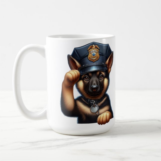 Welpe als Polizeibeamte mit Oberteil und Abzeichen Kaffeetasse (Links)