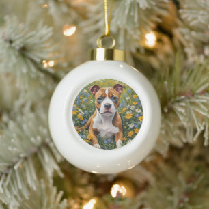 Welpe aus braunem und weißem Staffordshire, Keramik Kugel-Ornament