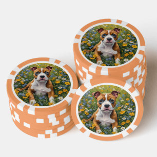 Welpe aus braunem und weißem Staffordshire, Pokerchips