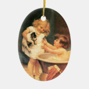 Welpe beim Baden Vintage Antik Keramikornament