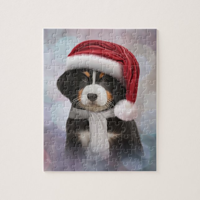 Welpe Bernese Gebirgshund im roten Hut von Sankt (Vertikal)