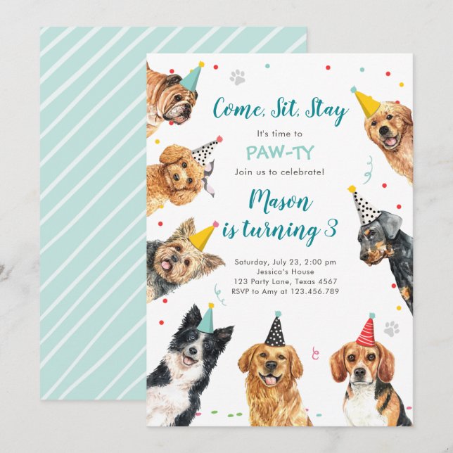 Welpe Birthday Einladung Hund Party Pawty Boy (Vorne/Hinten)