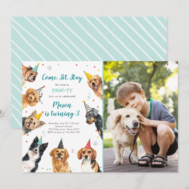 Welpe Birthday Einladung Hund Party Pawty Boy (Vorne/Hinten)