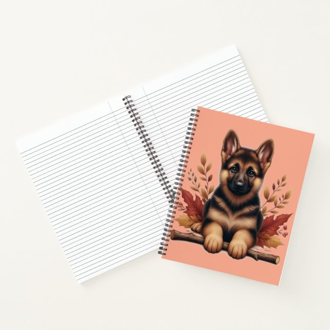 Welpe der deutschen Schäferhunde mit Herbstblätter Notizbuch (Innenseite)
