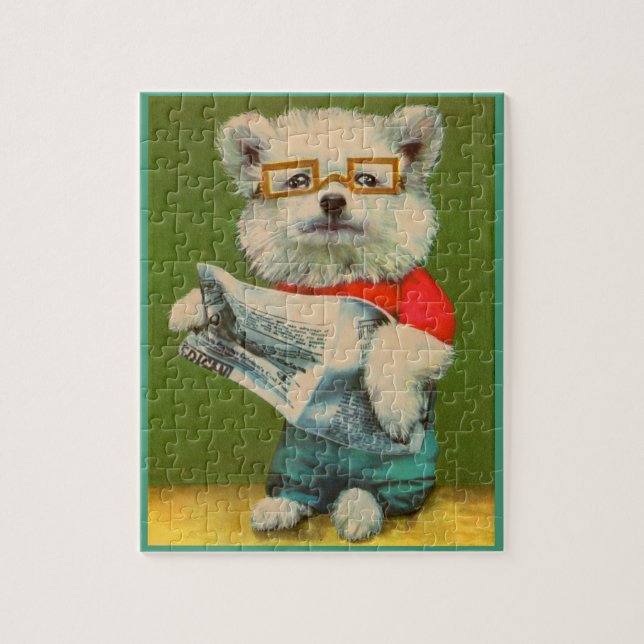 Welpe, der die Zeitung liest (Vertikal)