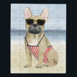 Welpe des Würstchen-| in der Sonnenbrille am Puzzle<br><div class="desc">Dieser Aquarelldruck kennzeichnet einen Welpen in der Sonnenbrille den Strand | durch Anmut Popp genießend</div>