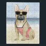 Welpe des Würstchen-| in der Sonnenbrille am Puzzle<br><div class="desc">Dieser Aquarelldruck kennzeichnet einen Welpen in der Sonnenbrille den Strand | durch Anmut Popp genießend</div>