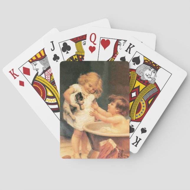Welpe, die ein Bad Vintag antike Spielkarten (Rückseite)