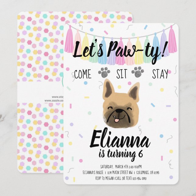 Welpe Dog Frenchie Girl Birthday Pawty Einladung (Vorne/Hinten)