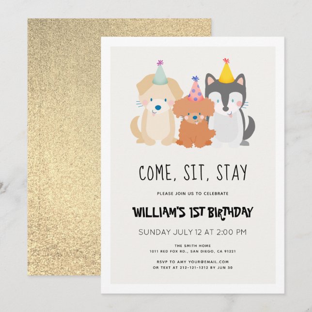 Welpe Dog Gold Glitzer Geburtstag Pawty Einladung (Vorne/Hinten)