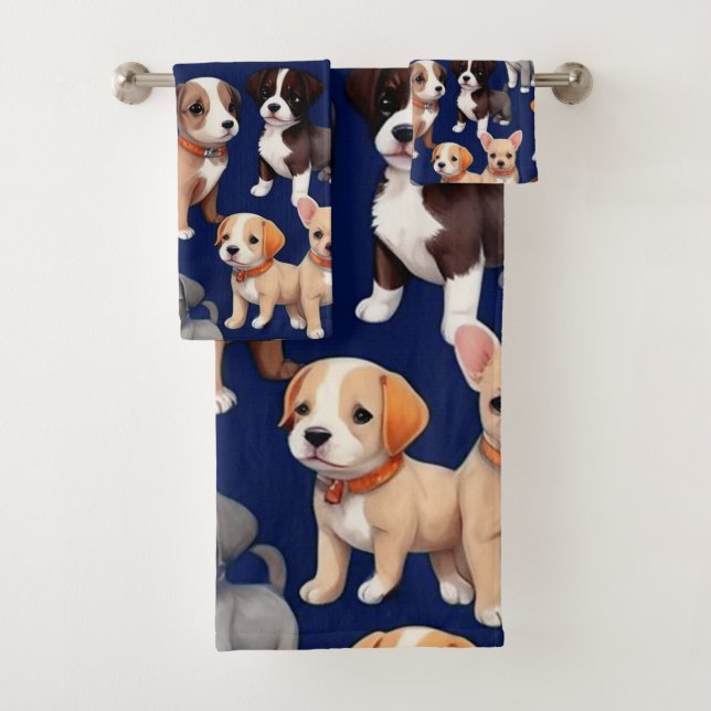Welpe Dog Navy Blue Design Badhandtuch Set (Insitu)