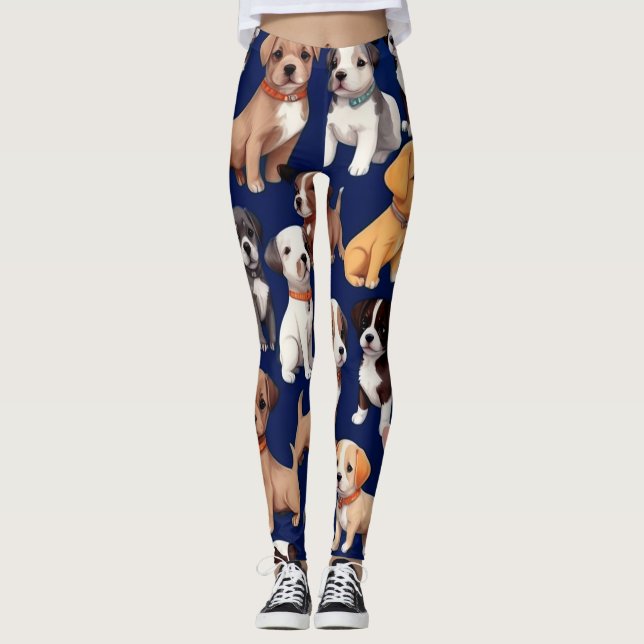 Welpe Dog Navy Blue Design Leggings (Vorderseite)
