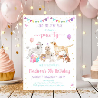Welpe Dog Pink Gold Girl Geburtstagseinladung Einladung