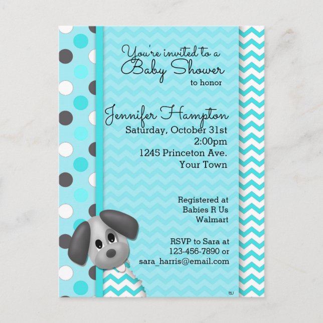 Welpe Dog Turquoise Baby Dusche Postkarte Einladun (Vorderseite)