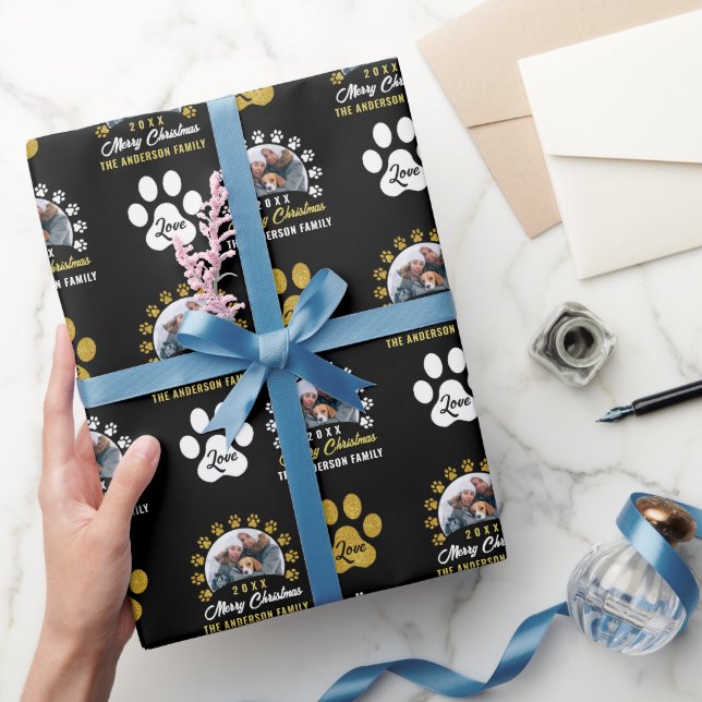 Welpe Dows Paws Black Gold Weihnachtsfeiertag Foto Geschenkpapier (Schenken)