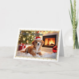 Welpe durch Fireplace Weihnachtskarte Karte