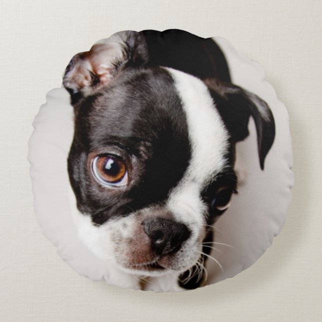 Welpe Edison Boston Terrier Rundes Kissen (Vorderseite)