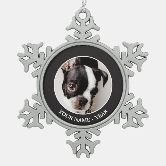 Welpe Edison Boston Terrier Schneeflocken Zinn-Ornament (Vorderseite)