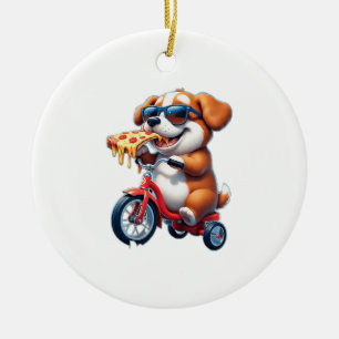 Welpe fährt Fahrrad und isst Pizza Keramik Ornament