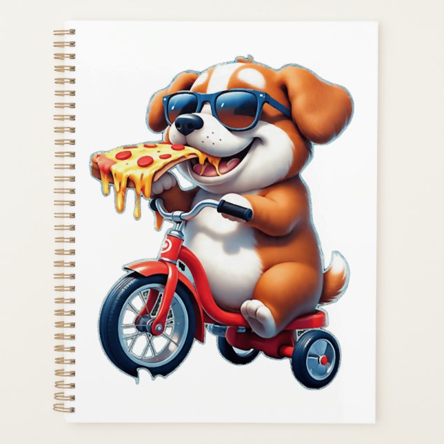 Welpe fährt Fahrrad und isst Pizza Planer (Vorderseite)