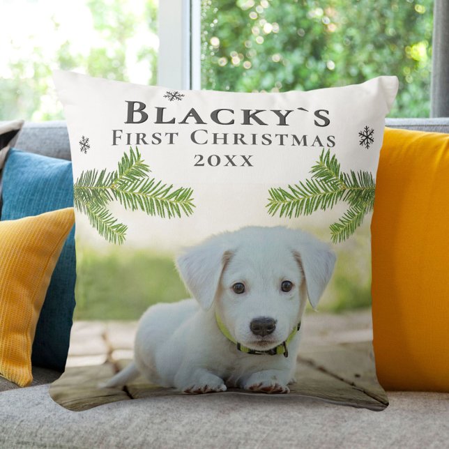 Welpe First Christmas Pine Branch Hund Foto Kissen (Von Creator hochgeladen)