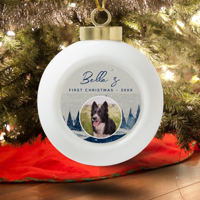 Welpe First Christmas Winter Forest Dog Foto Keramik Kugel-Ornament (Von Creator hochgeladen)