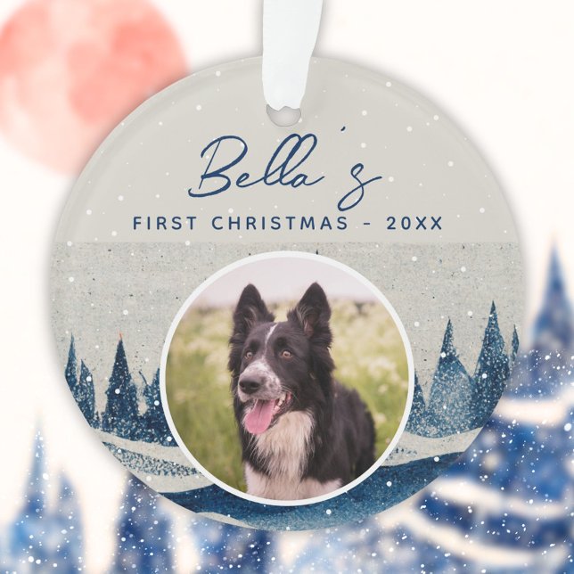 Welpe First Christmas Winter Forest Dog Foto Ornament (Von Creator hochgeladen)