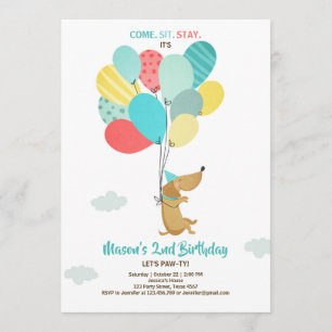 Welpe Hund Birthday Einladung Balloons Boy Blue