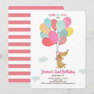 Welpe Hund Birthday Einladung Balloons Girl pink
