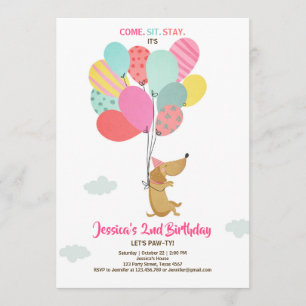 Welpe Hund Birthday Einladung Balloons Girl pink