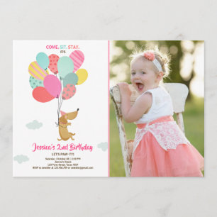 Welpe Hund Birthday Einladung Balloons Girl pink