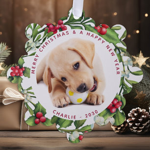 Welpe Hund First Christmas Custom 2 Foto Mistletoe Ornament Karte