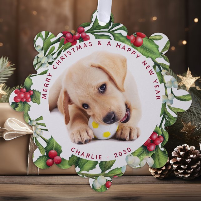 Welpe Hund First Christmas Custom 2 Foto Mistletoe Ornament Karte (Von Creator hochgeladen)