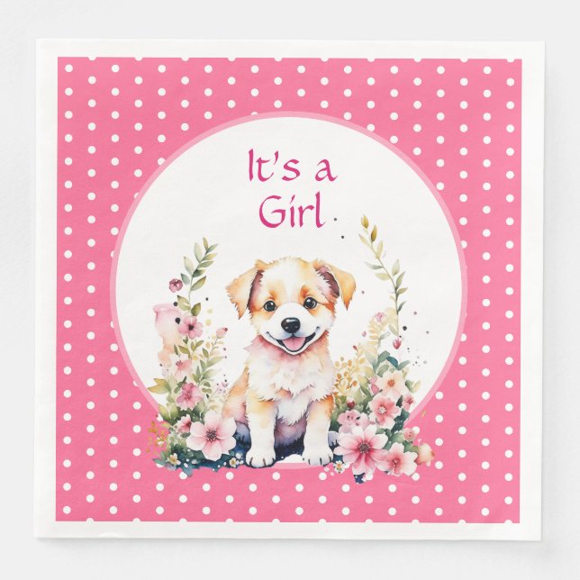 Welpe Hund in Blume Girl's Baby Shower sein Mädche Serviette (Vorderseite)