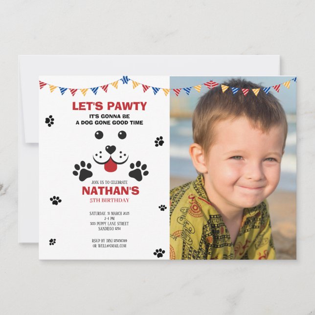 Welpe Hund Lasse Pawty Birthday Boy Foto Einladung (Vorderseite)