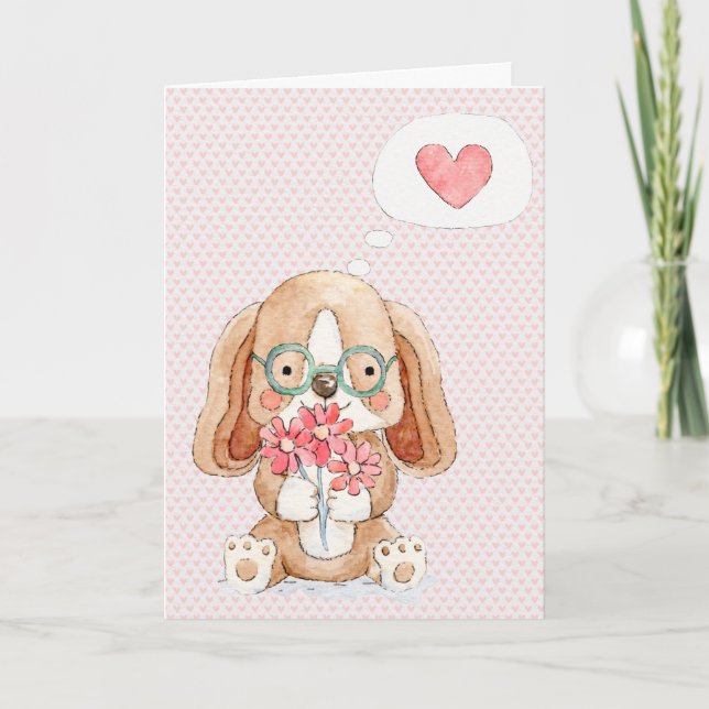 Welpe Hund mit Blume denken Sie an Sie Karte (Vorderseite)
