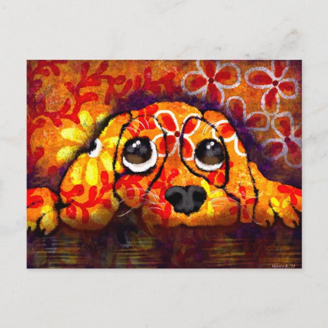 Welpe Hunde Augen Whimsisches Abstraktes Blütenora Postkarte (Vorderseite)