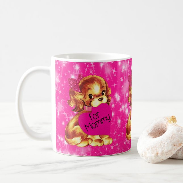 Welpe Hunde Valentine für Mommy Fuschia Stars Kaffeetasse (Mit Donut)