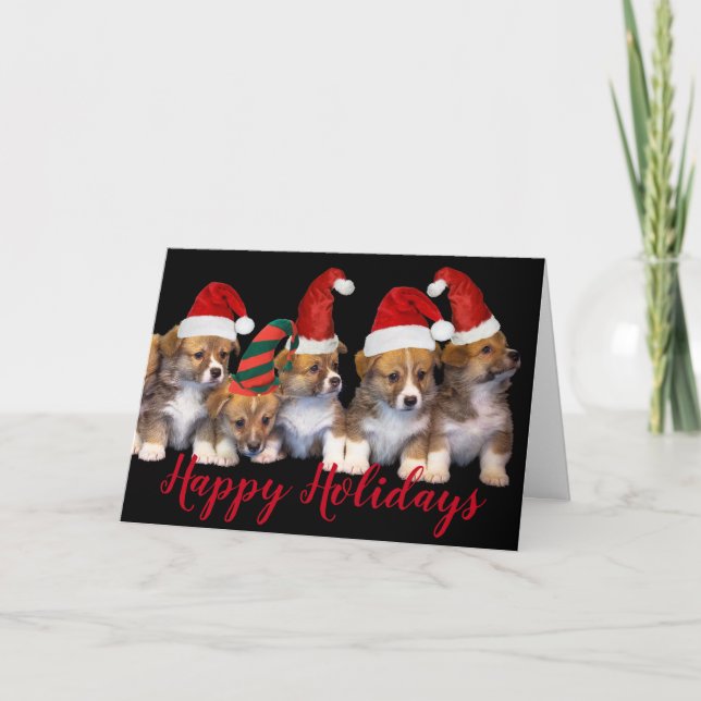 Welpe Hunde Weihnachtsmannmützen Happy Holidays We Karte (Vorderseite)