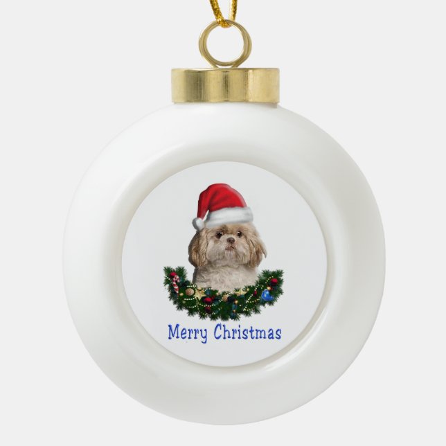 Welpe Hunde Weihnachtsschmuck Keramik Kugel-Ornament (Vorderseite)
