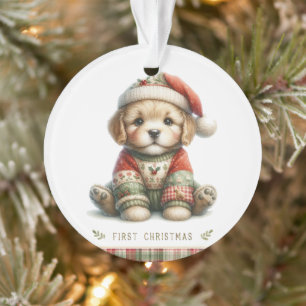 Welpe im Patchwork-Pullover & Weihnachtsmannmütze Ornament