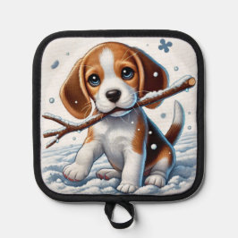 Welpe im Schnee mit einem Stick im Winter spielen Topflappen