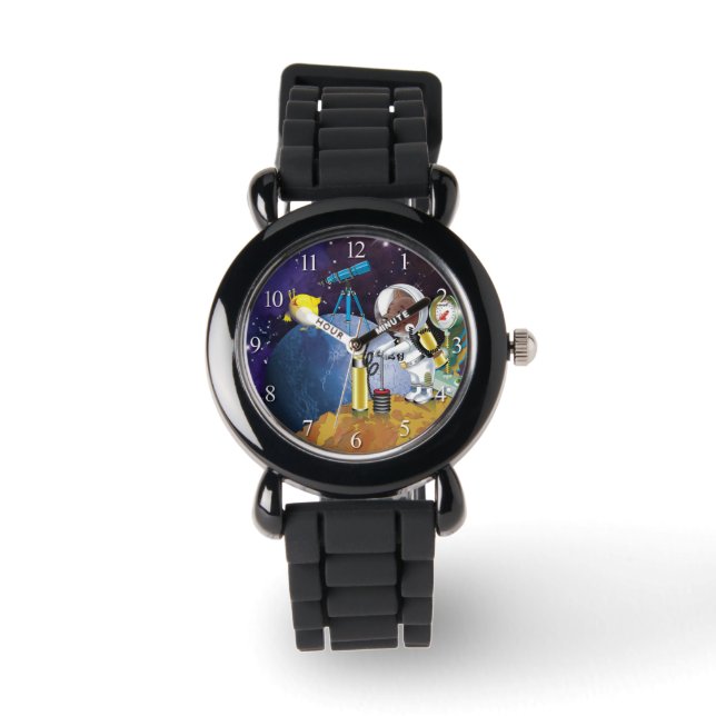 Welpe im Weltraum und Alien mit Teleskop Armbanduhr (Vorderseite)