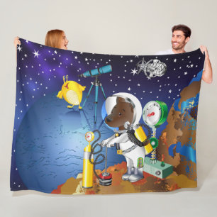 Welpe im Weltraum und Alien mit Teleskop Fleecedecke